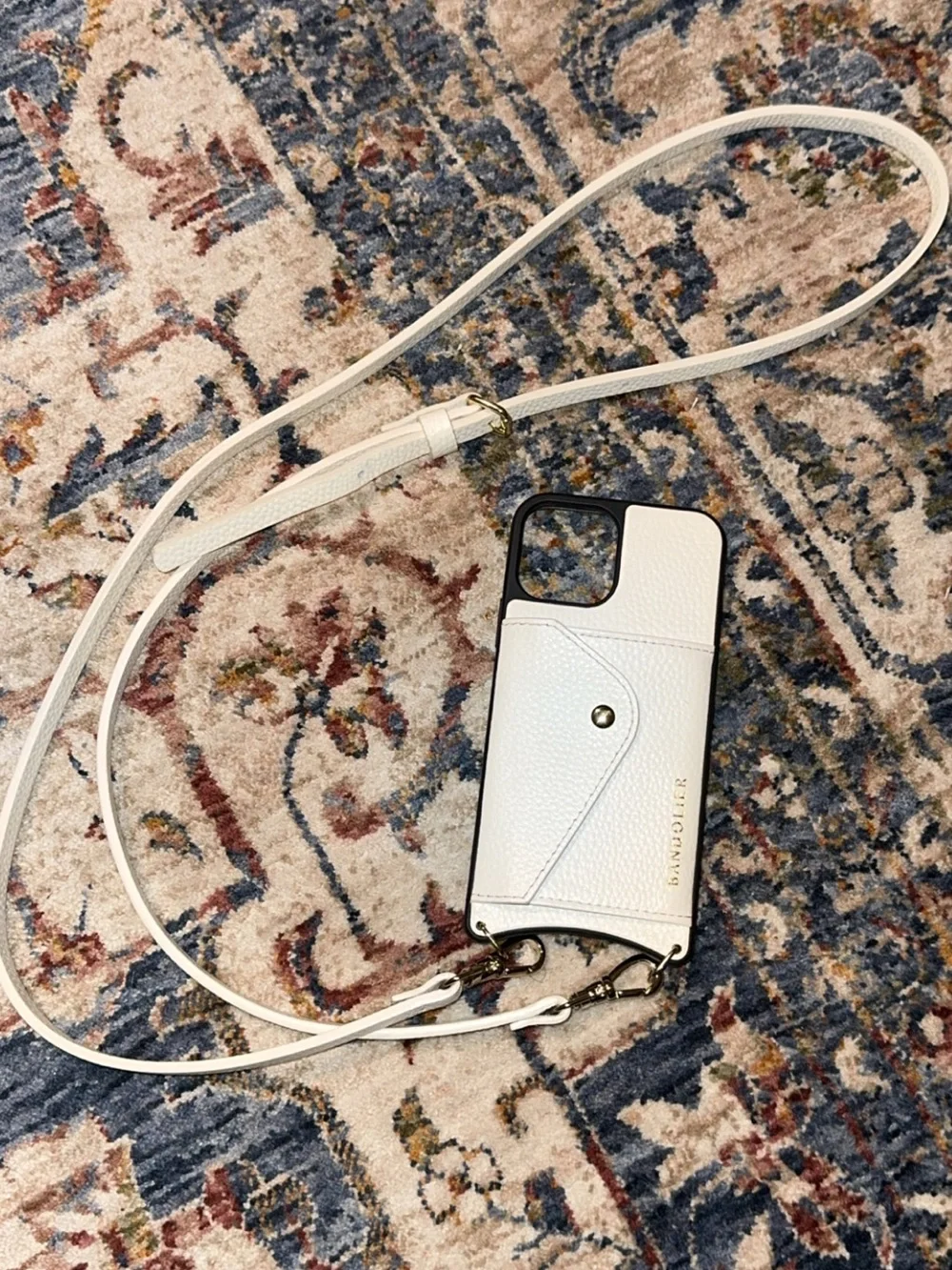 Bandolier White Leather Crossbody Phone Case with Card Slot and Strap
